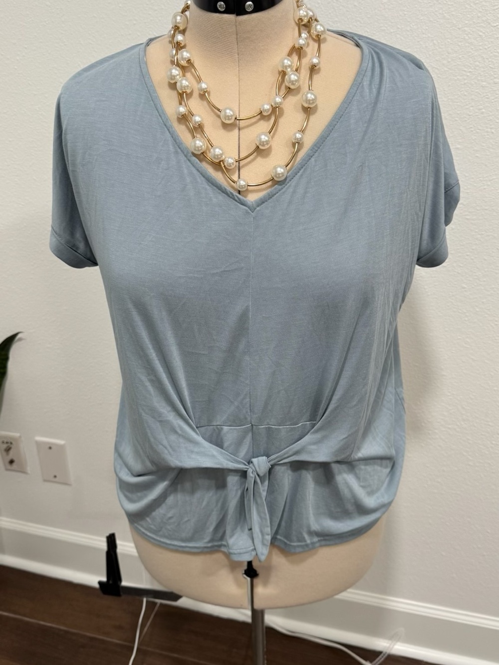 Alya Light Blue V-Neck Tie-Front Short Sleeve Top